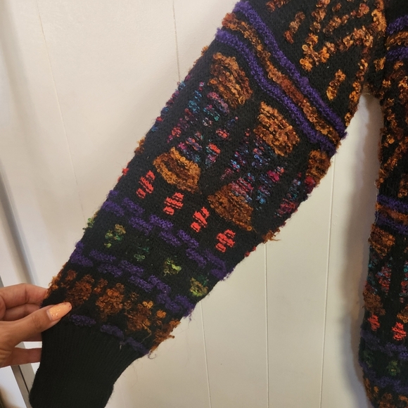 Vintage 90s Textured 3D Knit Bright Abstract V-Neck Cardigan Sweater Size Medium - Picture 4 of 11